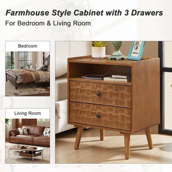 English Elm Nightstand with Built in Charging Station Geometric Drawers and Solid Wood Legs Golden Oak W3720P540586