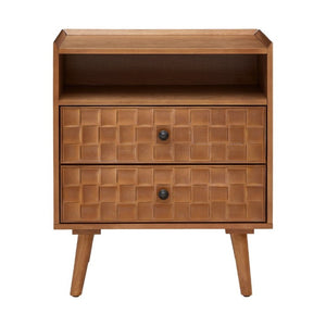 English Elm Nightstand with Built in Charging Station Geometric Drawers and Solid Wood Legs Golden Oak W3720P540586