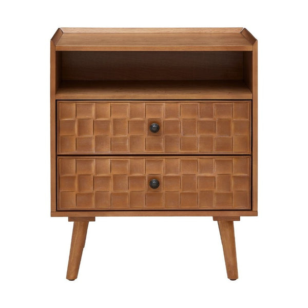 English Elm Nightstand with Built in Charging Station Geometric Drawers and Solid Wood Legs Golden Oak W3720P540586