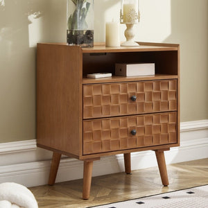 English Elm Nightstand with Built in Charging Station Geometric Drawers and Solid Wood Legs Golden Oak W3720P540586