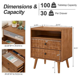 English Elm Nightstand with Built in Charging Station Geometric Drawers and Solid Wood Legs Golden Oak W3720P540586