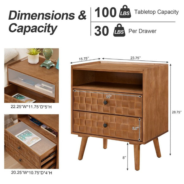 English Elm Nightstand with Built in Charging Station Geometric Drawers and Solid Wood Legs Golden Oak W3720P540586