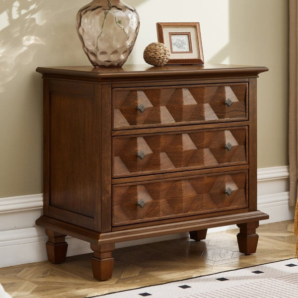 English Elm Farmhouse Nightstand with Built in Charging Station Three Drawer Engineered Wood Bedroom W3720P540598