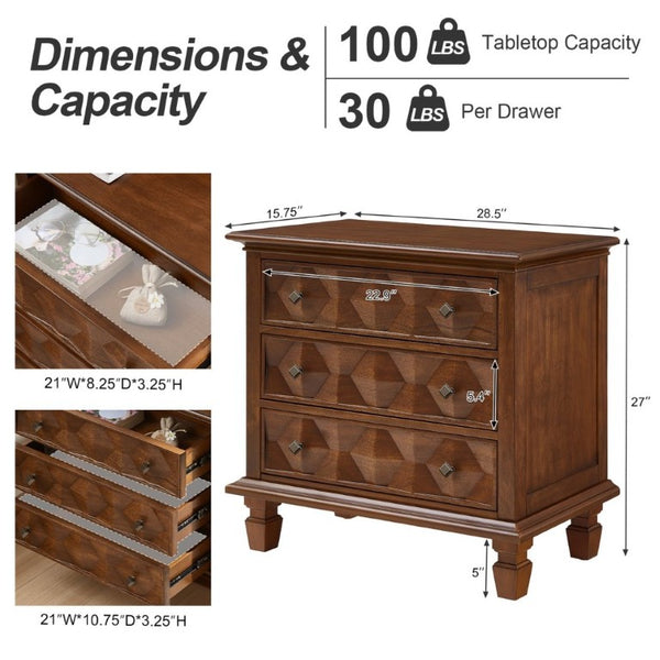 English Elm Farmhouse Nightstand with Built in Charging Station Three Drawer Engineered Wood Bedroom W3720P540598