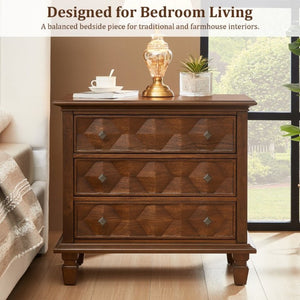 English Elm Farmhouse Nightstand with Built in Charging Station Three Drawer Engineered Wood Bedroom W3720P540598