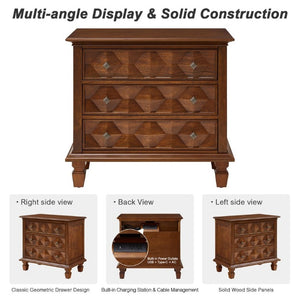 English Elm Farmhouse Nightstand with Built in Charging Station Three Drawer Engineered Wood Bedroom W3720P540598