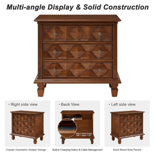 English Elm Farmhouse Nightstand with Built in Charging Station Three Drawer Engineered Wood Bedroom W3720P540598