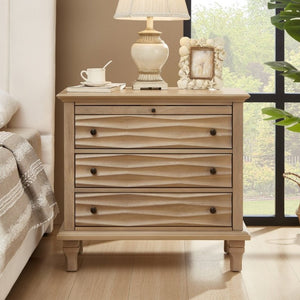 English Elm 3 Drawer Farmhouse Nightstand with Built-In USB Charging Station and Wave Textured Fronts Natural W3720P540601