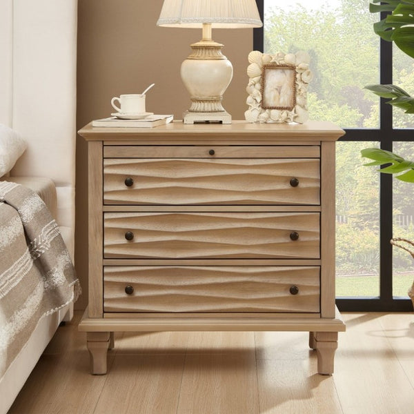 English Elm 3 Drawer Farmhouse Nightstand with Built-In USB Charging Station and Wave Textured Fronts Natural W3720P540601