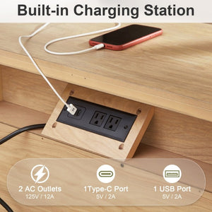 English Elm 3 Drawer Farmhouse Nightstand with Built-In USB Charging Station and Wave Textured Fronts Natural W3720P540601