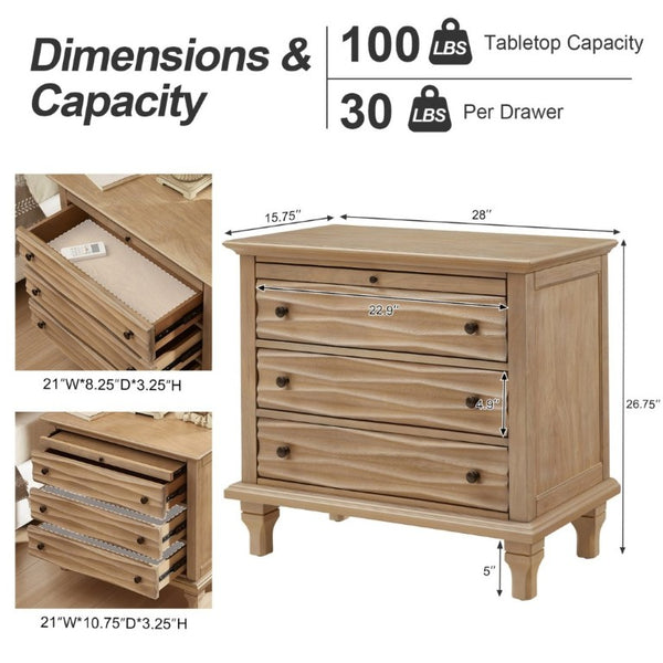 English Elm 3 Drawer Farmhouse Nightstand with Built-In USB Charging Station and Wave Textured Fronts Natural W3720P540601