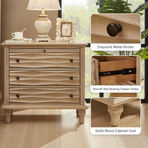 English Elm 3 Drawer Farmhouse Nightstand with Built-In USB Charging Station and Wave Textured Fronts Natural W3720P540601