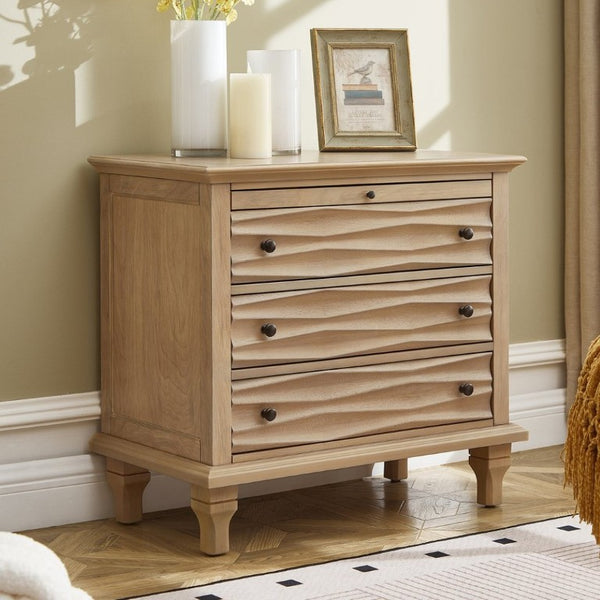 English Elm 3 Drawer Farmhouse Nightstand with Built-In USB Charging Station and Wave Textured Fronts Natural W3720P540601