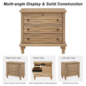 English Elm 3 Drawer Farmhouse Nightstand with Built-In USB Charging Station and Wave Textured Fronts Natural W3720P540601