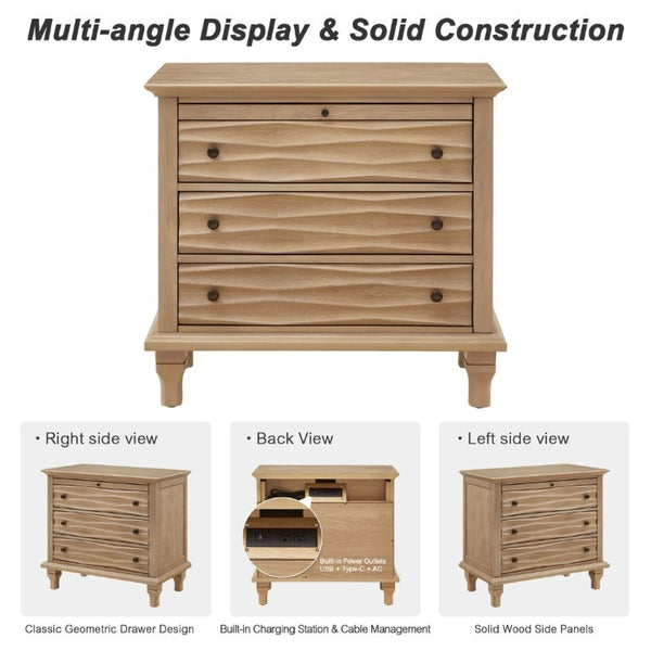 English Elm 3 Drawer Farmhouse Nightstand with Built-In USB Charging Station and Wave Textured Fronts Natural W3720P540601