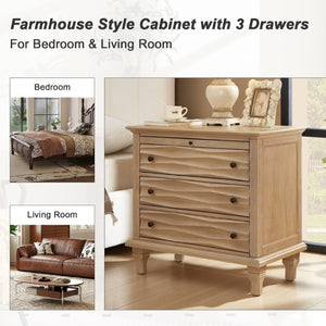 English Elm 3 Drawer Farmhouse Nightstand with Built-In USB Charging Station and Wave Textured Fronts Natural W3720P540601