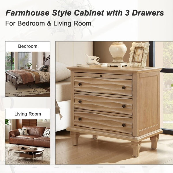 English Elm 3 Drawer Farmhouse Nightstand with Built-In USB Charging Station and Wave Textured Fronts Natural W3720P540601