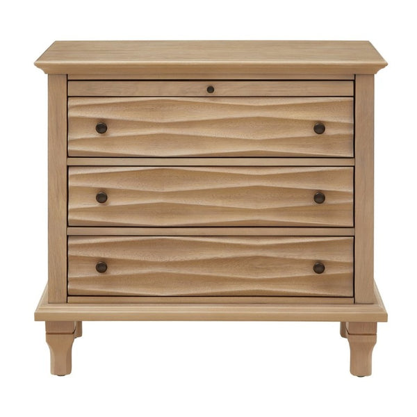 English Elm 3 Drawer Farmhouse Nightstand with Built-In USB Charging Station and Wave Textured Fronts Natural W3720P540601