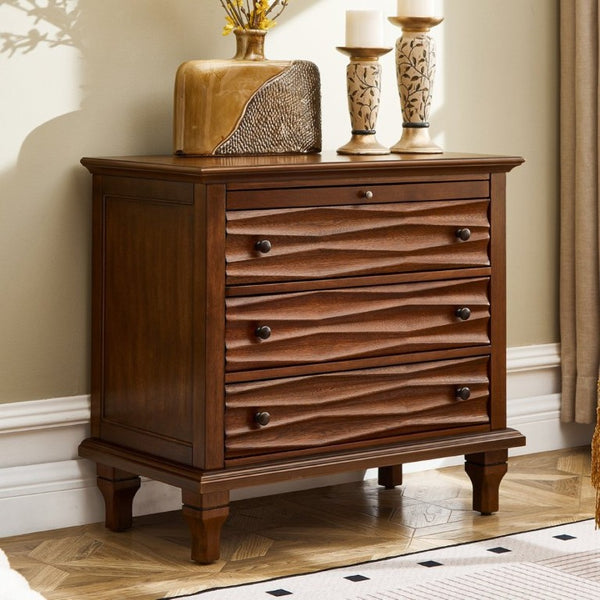 English Elm 3 Drawer Farmhouse Nightstand with Built-In USB Charging Station and Wave Textured Fronts Walnut W3720P540603