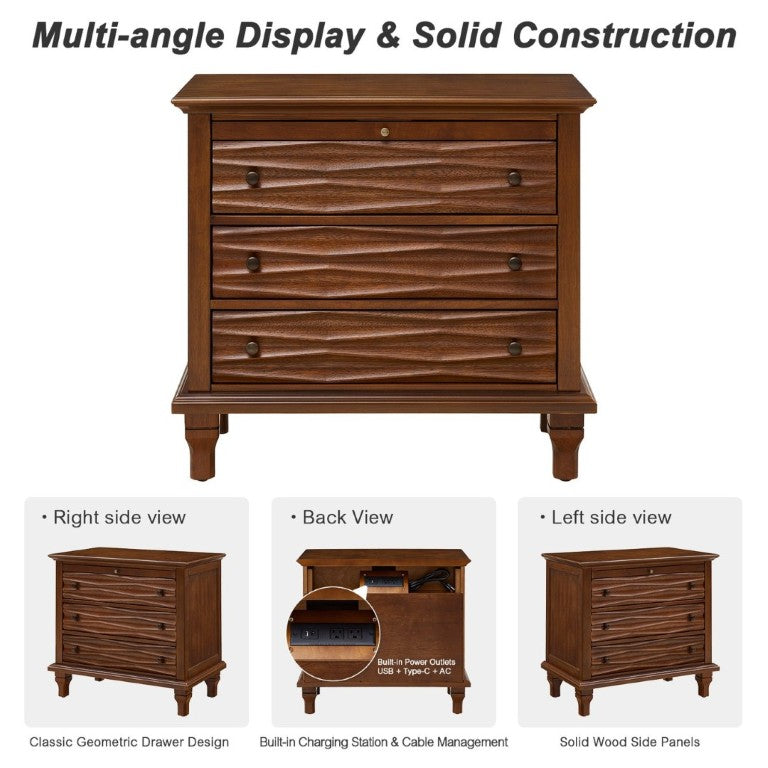 English Elm 3 Drawer Farmhouse Nightstand with Built-In USB Charging Station and Wave Textured Fronts Walnut W3720P540603