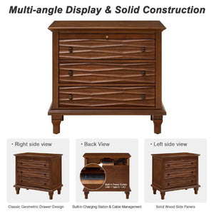 English Elm 3 Drawer Farmhouse Nightstand with Built-In USB Charging Station and Wave Textured Fronts Walnut W3720P540603