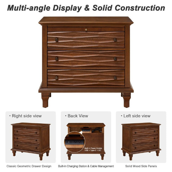 English Elm 3 Drawer Farmhouse Nightstand with Built-In USB Charging Station and Wave Textured Fronts Walnut W3720P540603