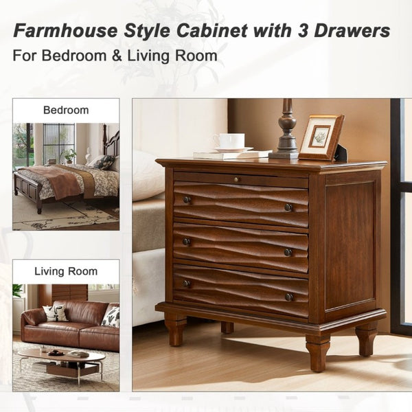 English Elm 3 Drawer Farmhouse Nightstand with Built-In USB Charging Station and Wave Textured Fronts Walnut W3720P540603