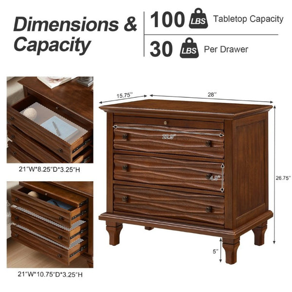 English Elm 3 Drawer Farmhouse Nightstand with Built-In USB Charging Station and Wave Textured Fronts Walnut W3720P540603