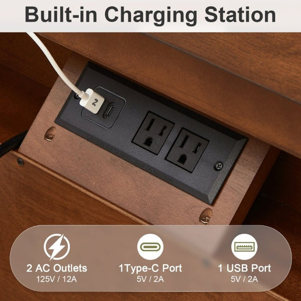 English Elm 3 Drawer Farmhouse Nightstand with Built-In USB Charging Station and Wave Textured Fronts Walnut W3720P540603