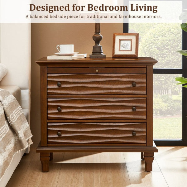English Elm 3 Drawer Farmhouse Nightstand with Built-In USB Charging Station and Wave Textured Fronts Walnut W3720P540603