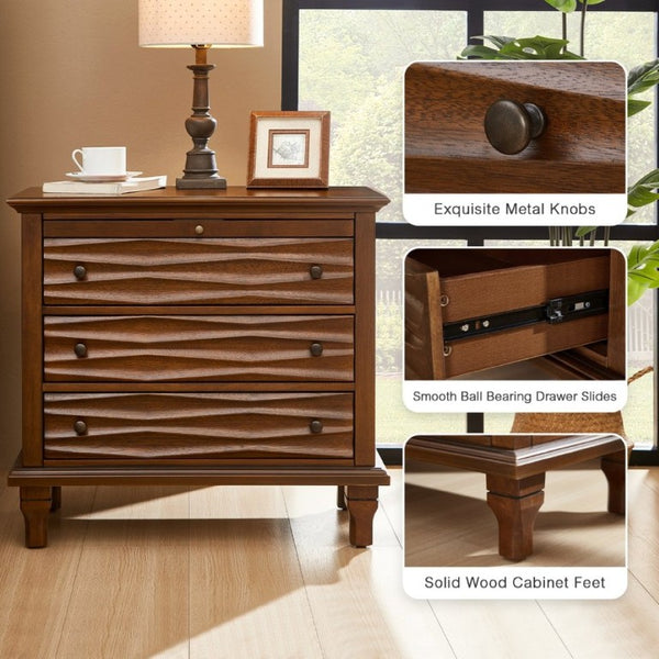 English Elm 3 Drawer Farmhouse Nightstand with Built-In USB Charging Station and Wave Textured Fronts Walnut W3720P540603