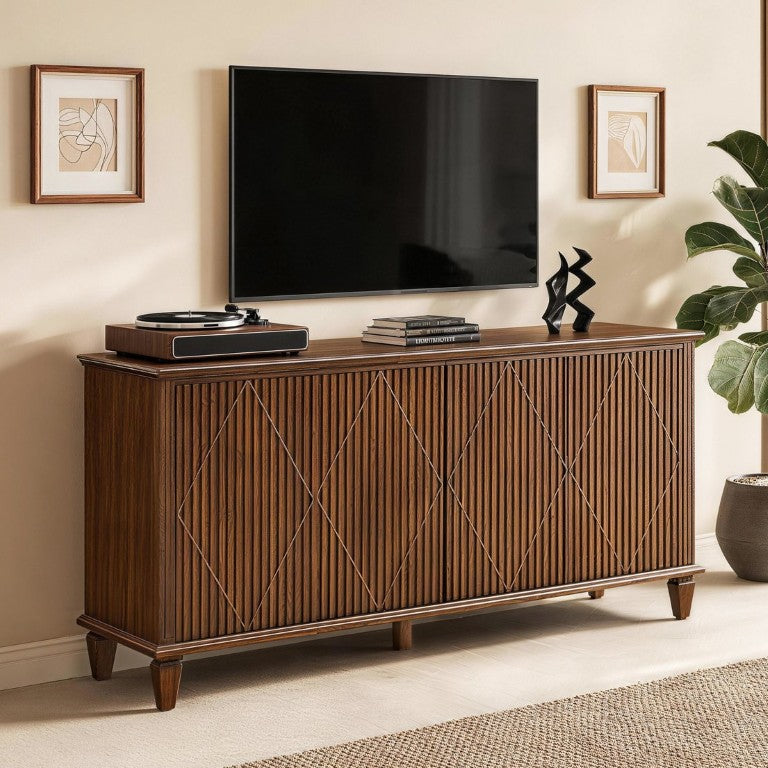 English Elm 58 Inch Mid Century Modern Media Console with Carved Geometric Wood Doors and Storage W3720P540769