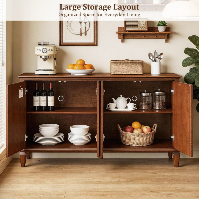 English Elm 58 Inch Mid Century Modern Media Console with Carved Geometric Wood Doors and Storage W3720P540769