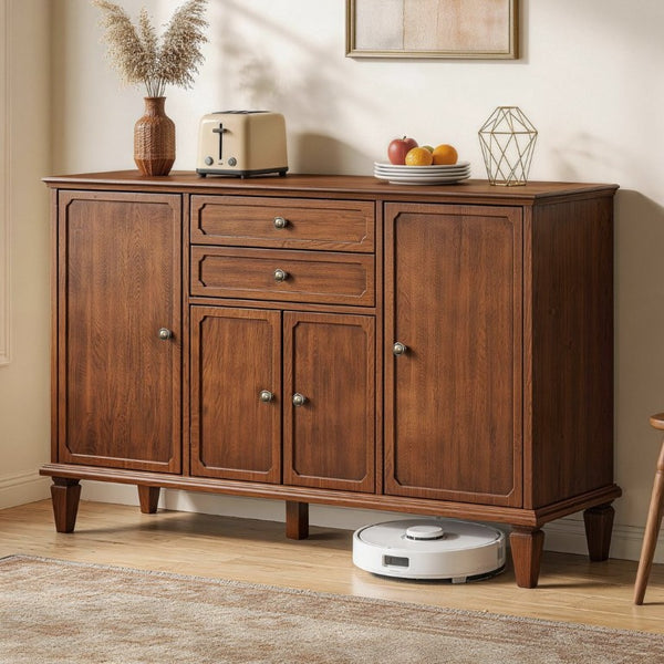 English Elm Sideboard Buffet with Drawers and Enclosed Cabinets Vintage Wood Storage for Living Room Walnut W3720P568491