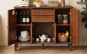 English Elm Sideboard Buffet with Drawers and Enclosed Cabinets Vintage Wood Storage for Living Room Walnut W3720P568491