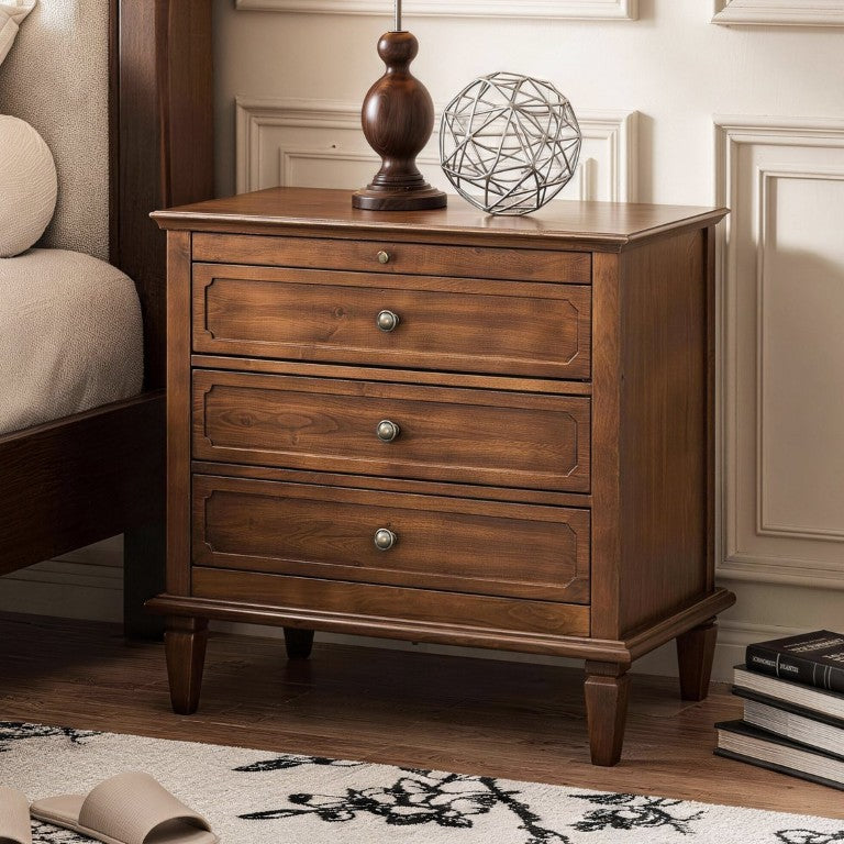 English Elm Farmhouse 3 Drawer Nightstand with Built-In Charging Station and Carved Wood Cabinet W3720P568498