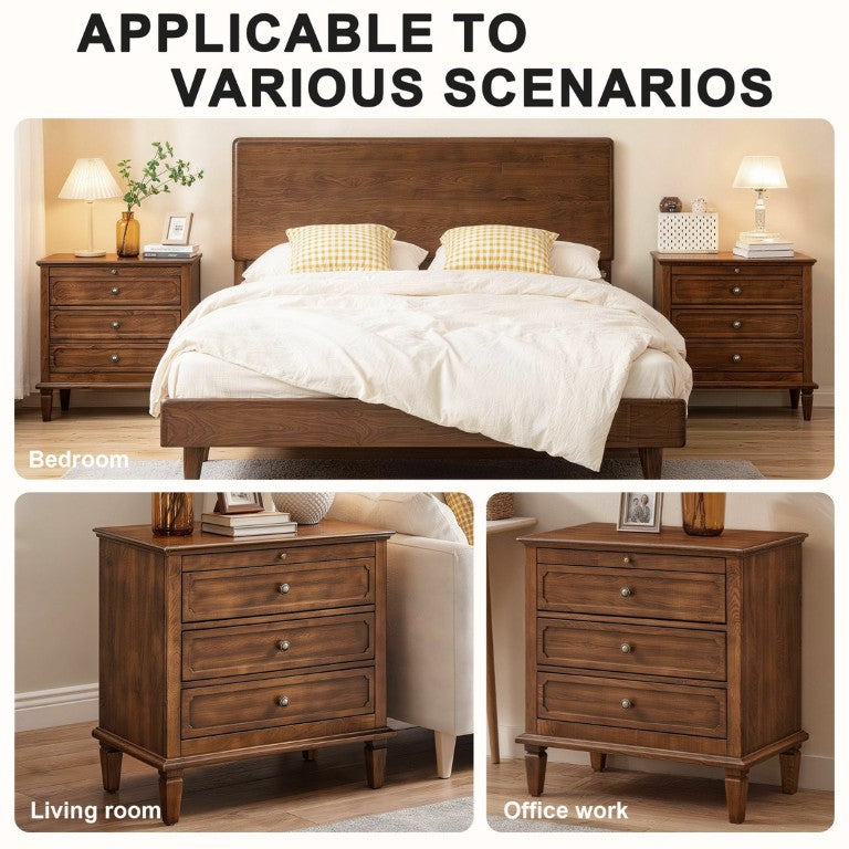 English Elm Farmhouse 3 Drawer Nightstand with Built-In Charging Station and Carved Wood Cabinet W3720P568498