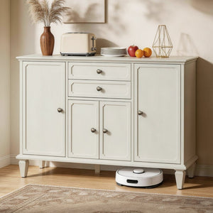 English Elm Sideboard Buffet with Drawers and Enclosed Cabinets Vintage Wood Storage for Living Room White W3720P577572