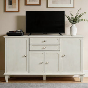 English Elm Sideboard Buffet with Drawers and Enclosed Cabinets Vintage Wood Storage for Living Room White W3720P577572