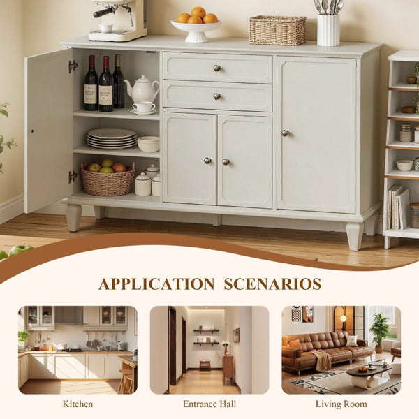 English Elm Sideboard Buffet with Drawers and Enclosed Cabinets Vintage Wood Storage for Living Room White W3720P577572