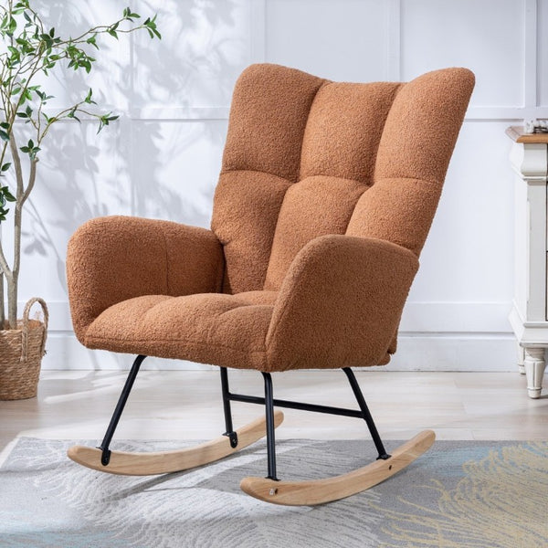 English Elm Teddy Fleece Wingback Glider Rocker Ergonomic Nursing Chair with Storage Pocket Brown W3723P494828