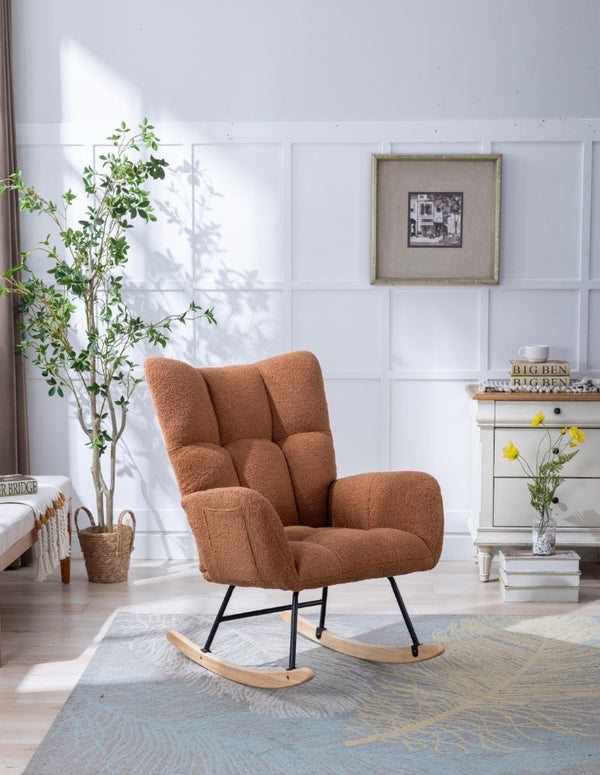 English Elm Teddy Fleece Wingback Glider Rocker Ergonomic Nursing Chair with Storage Pocket Brown W3723P494828