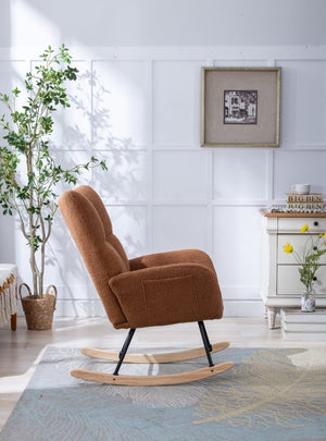 English Elm Teddy Fleece Wingback Glider Rocker Ergonomic Nursing Chair with Storage Pocket Brown W3723P494828