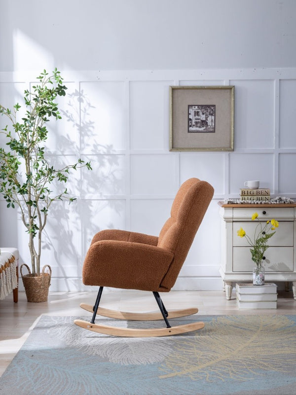 English Elm Teddy Fleece Wingback Glider Rocker Ergonomic Nursing Chair with Storage Pocket Brown W3723P494828