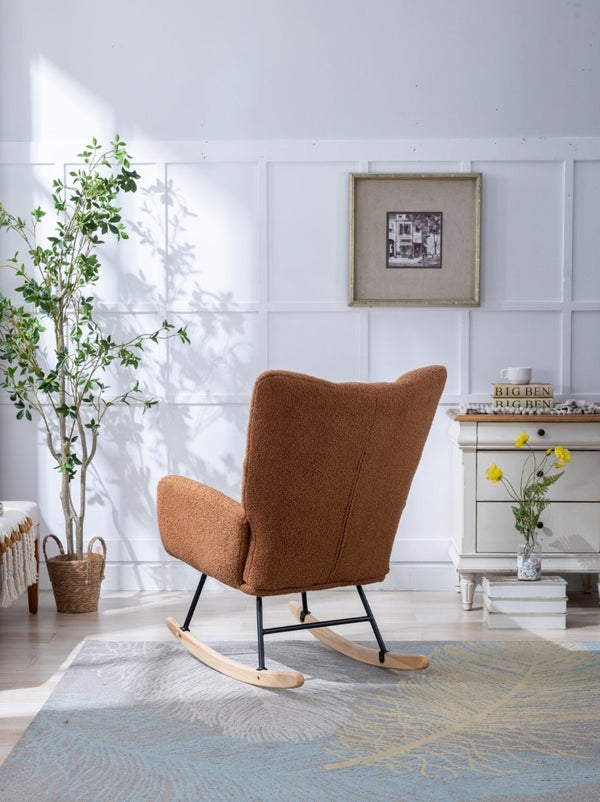 English Elm Teddy Fleece Wingback Glider Rocker Ergonomic Nursing Chair with Storage Pocket Brown W3723P494828