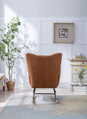 English Elm Teddy Fleece Wingback Glider Rocker Ergonomic Nursing Chair with Storage Pocket Brown W3723P494828