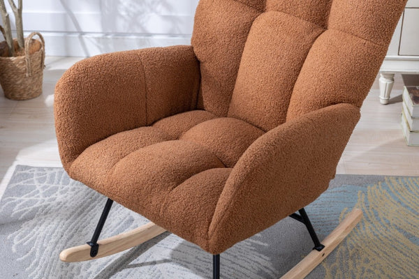 English Elm Teddy Fleece Wingback Glider Rocker Ergonomic Nursing Chair with Storage Pocket Brown W3723P494828