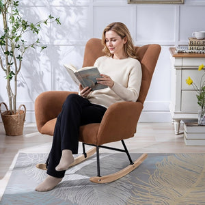 English Elm Teddy Fleece Wingback Glider Rocker Ergonomic Nursing Chair with Storage Pocket Brown W3723P494828