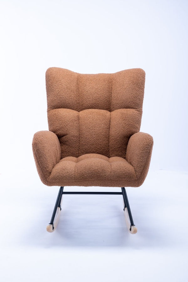 English Elm Teddy Fleece Wingback Glider Rocker Ergonomic Nursing Chair with Storage Pocket Brown W3723P494828