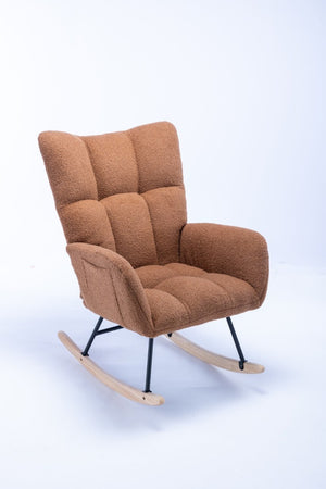 English Elm Teddy Fleece Wingback Glider Rocker Ergonomic Nursing Chair with Storage Pocket Brown W3723P494828